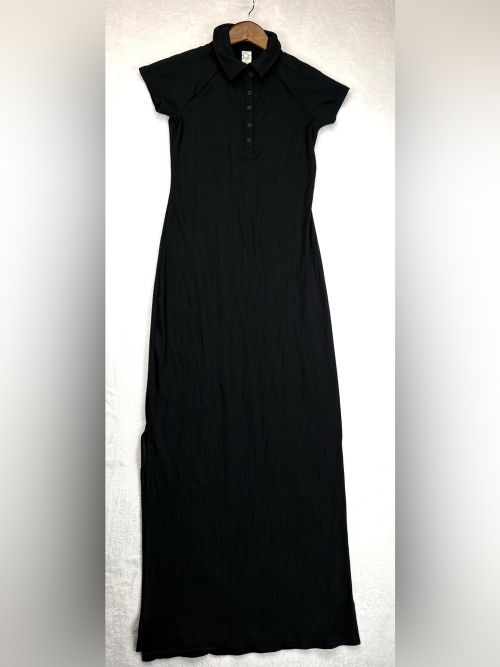 OFFLINE by Aerie Thumbs Up Heavyweight Ribbed Polo Maxi Dress Black XS 52” long